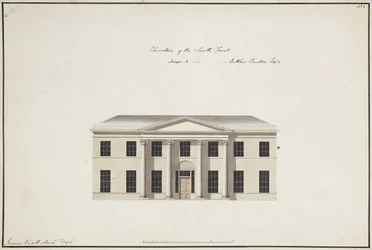 Soho House: pianta del piano terra; pianta del piano della camera da letto; elevazione del fronte sud, design A, elevazione del fronte sud, design B, ed elevazione del fronte nord, 1796