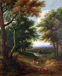 Paesaggio boscoso con viaggiatori su un sentiero