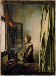 Donna che legge una lettera alla finestra aperta (olio su tela)