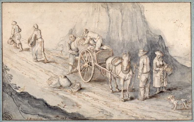 Contadini che caricano un carro a un cavallo con ortaggi a radice