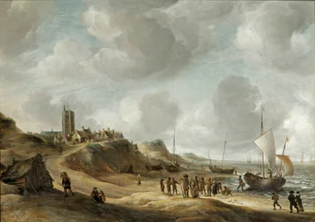 Una vista di Egmond aan Zee con pescatori sulla spiaggia e navi al largo