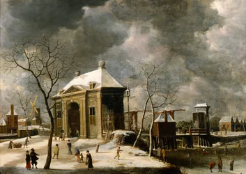 Presunta vista di una porta di Amsterdam in inverno