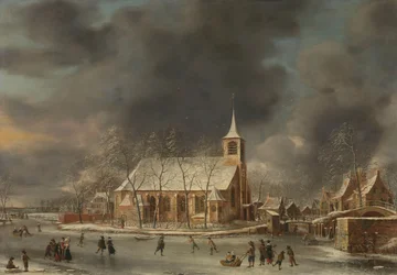 Veduta della chiesa di Sloten in inverno