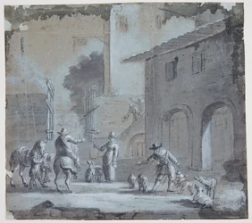 Scena con un portone aperto, figure e animali