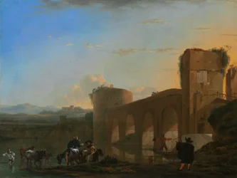 Il fiume Tevere con il Ponte Molle al tramonto