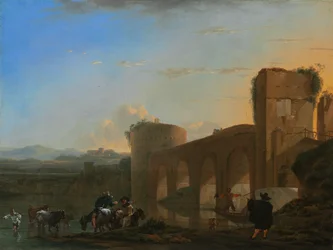 Il Tevere con Ponte Molle al tramonto