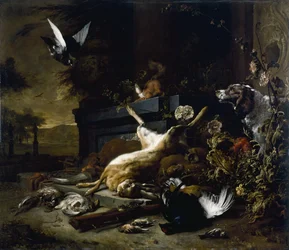 Natura morta di selvaggina con lepre, fagiano di monte e pernice, uno spaniel che osserva e un piccione in volo, ca. 1680