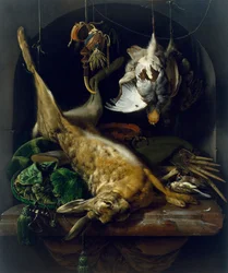 Natura morta con una lepre morta, pernici e altri uccelli in una nicchia, circa 1675