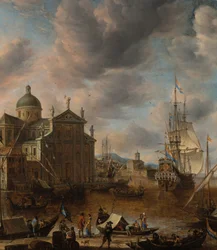 Un porto capriccio mediterraneo con figure che conversano su una banchina e un tre alberi olandese ormeggiato sullo sfondo, 1665