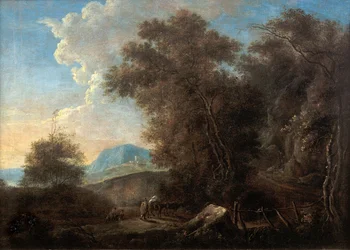 Olandese: Paesaggio roccioso con passeggeri e passerella Paesaggio roccioso con passeggeri e passerella