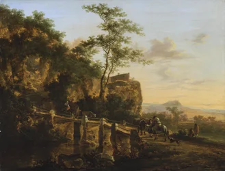 Olandese: Paesaggio meridionale con viaggiatori vicino a un ponte (il Ponte Acquoria vicino a Tivoli) Paesaggio montano con ponte