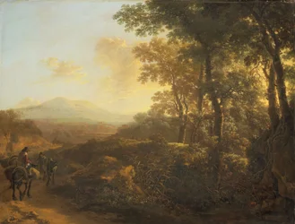 Paesaggio italiano con mulattiere, 1645-1650 circa (olio su tavola)