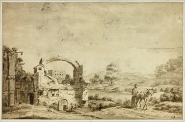 Paesaggio italianeggiante con rovine, donna e asino