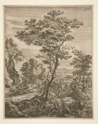 Paesaggio con un grande albero