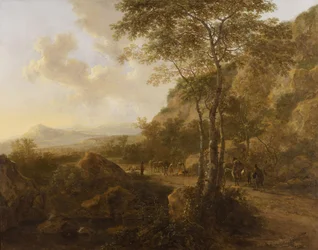 Paesaggio montano con mulattieri su un sentiero