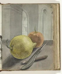 Natura morta con frutta, coltello e matita