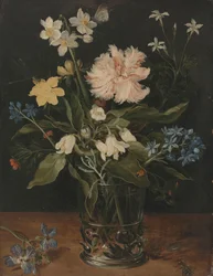 Natura morta con fiori in un bicchiere