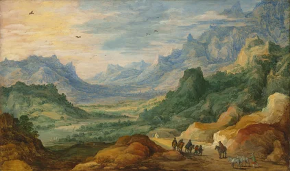 Paesaggio montuoso con viaggiatori e pastori su un sentiero