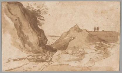 Paesaggio collinare con figure vicino a un burrone