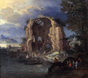 Paesaggio costiero con pescatori e rovine del Tempio di Minerva Medica