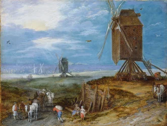 Olandese: Paesaggio esteso con mulini, contadini e carrozze in primo piano Paesaggio esteso con mulini, contadini e carrozze in primo piano