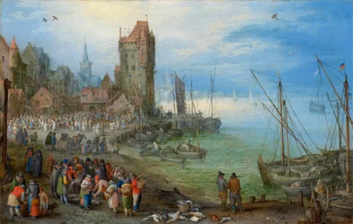 Scena del porto con mercato del pesce