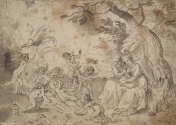 La Vergine Maria e San Giuseppe e il Bambino Gesù, San Giovanni e angeli che giocano con gli strumenti della Passione