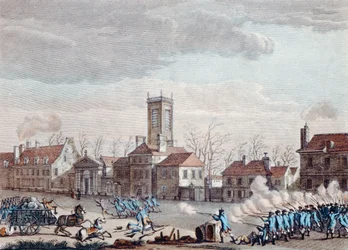 Battaglia davanti alla Eglise de la Chapelle, Parigi, tra i guardiani delle barriere dei Fermiers Generaux e i rivoluzionari il 24 gennaio 1791, c.1795