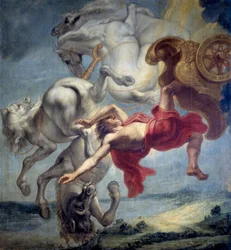 La caduta di Fetonte: incapace di governare il carro di Elio, Fetonte è fulminato da Zeus e cade nel fiume Eridano - Dipinto di Jan Carel van Eyck (1649-circa 1690), olio su tela, fine XVII secolo, dimensioni: 197x18