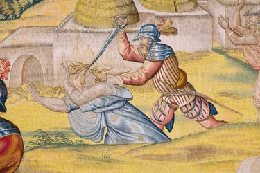 Arazzo fiammingo. Serie La conquista di Tunisi: Presa di Tunisi. Cartonista Jan Cornelisz Vermeyen. Atelier Willem de Pannemaker, Bruxelles. Ca 1545. (dettaglio)