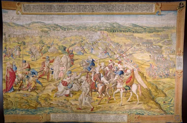 Arazzo fiammingo. Serie «La conquista di Tunisi»: La presa di Tunisi. Cartone di Jan Cornelisz Vermeyen. Atelier di Willem de Pannemaker, Bruxelles. Circa 1545.