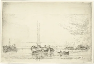 Veduta del fiume con barca e canotto