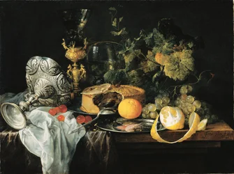 Tedesco: Magnifica natura morta con frutta, torta e calici Sontuosa natura morta con frutta, torta e calici, 1651