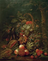 Natura morta con cesto di frutta, zucca, melone e pesche su una quercia