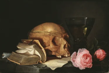 Vanitas natura morta con un teschio, un libro e delle rose
