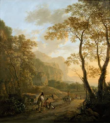 Paesaggio con viaggiatori in riposo e carro di buoi, c. 1645
