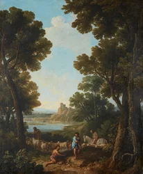 Paesaggio classico con pastori e cavaliere