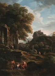 Paesaggio classico con figure in primo piano, rovine a sinistra e una figura al centro che fa un sacrificio