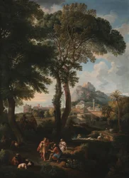 Paesaggio fluviale classico con figure che si salutano su una strada in primo piano, una vista di una città in lontananza
