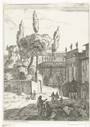 Paesaggio italianizzante con edifici antichi e figure