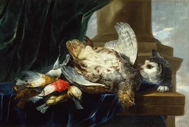 Una pernice morta e altri uccelli su un cornicione di pietra con un gatto (olio su tela)