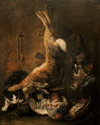 Una lepre, piccioni e altra selvaggina con un gatto
