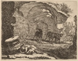 Quattro cani, uno che dorme accanto a un capitello