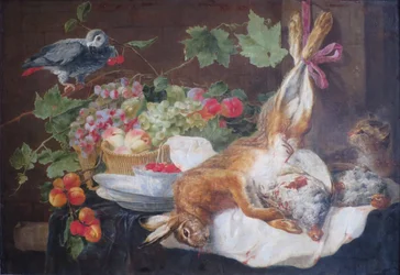 Lepre, frutta e pappagallo