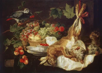 Lepre, frutta e pappagallo