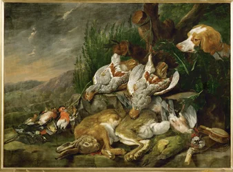Lepri e uccelli osservati da un cane (dipinto su tela)