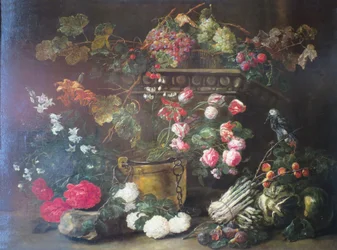 Natura morta con fiori, frutta e pappagallo