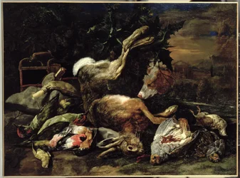 Natura morta con lepre, uccelli canori e rete per uccelli con un cane oltre