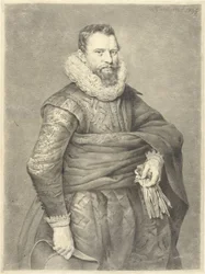 Ritratto di un uomo con guanti e cappello in mano, verso destra