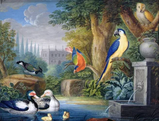 Uccelli esotici in un giardino ornamentale, c.1650